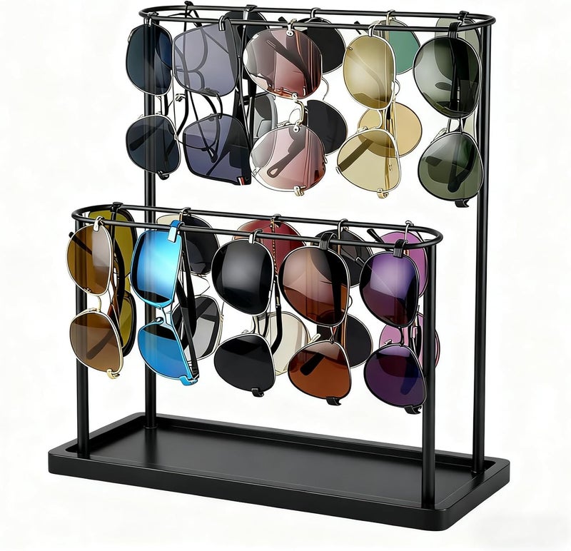 Himake Sunglasses Organizer Glasses Holder Stand for 28 Pairs of Eyewear, 2 Tier Eyeglasses Display ,Black Sunglass Storage Rack Metal Frame with Wood Base for Table Desk Countertop Dresser Bedroom - Image 1